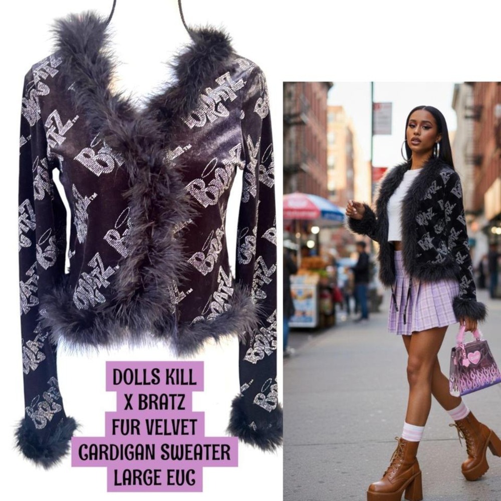 DOLLS KILL X BRATZ FUR BLACK VELVET LOGO SWEATER CARDIGAN LARGE EUC.